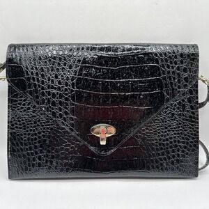 Vintage Black Leather Alligator Clutch Removable Strap Tradwife Costume Cocktail